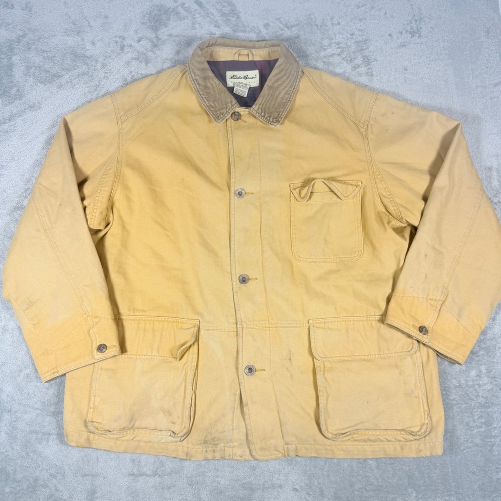 Vintage Eddie Bauer Mens XL Barn Coat Mustard Cotton Duck Canvas Plaid Lined